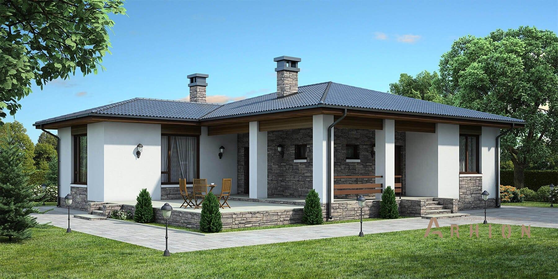 1. Проект одноэтажного дома в европейском стиле с плоской кровлей , 55-28, площадью - 109 кв c терассой