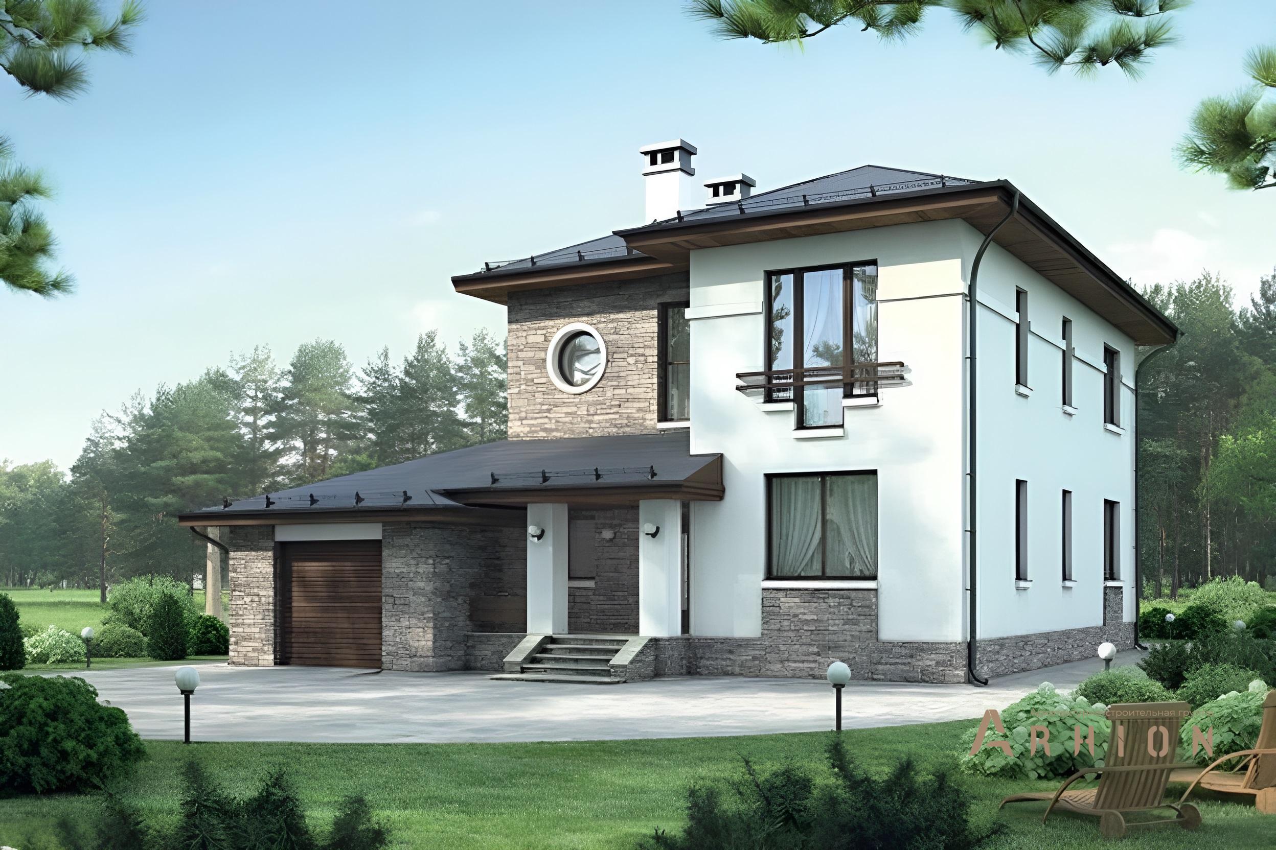 1. Проект двухэтажного дома в современном стиле с плоской кровлей , 55-29, площадью - 205 кв c терассой, гаражом