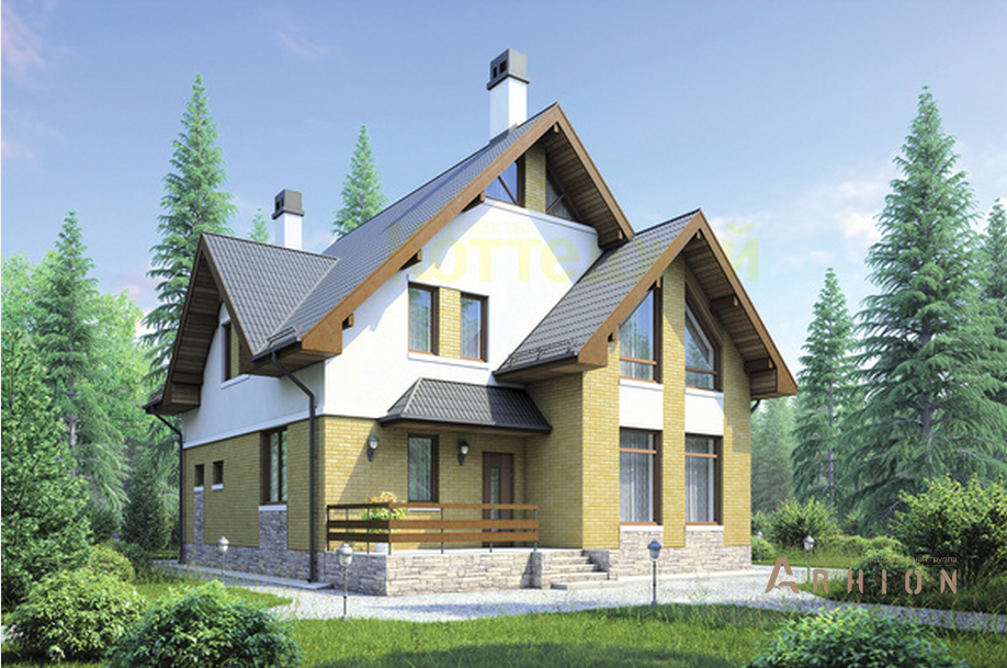 1. Проект одноэтажного дома в европейском стиле с двускатной кровлей, 55-52, площадью - 161 кв c мансардой, терассой