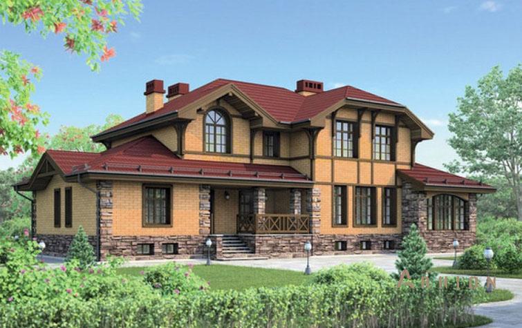 1. Проект одноэтажного дома в немецком стиле с многоскатной кровлей, 55-68, площадью - 409 кв c цокольным этажом, мансардой, сауной, терассой