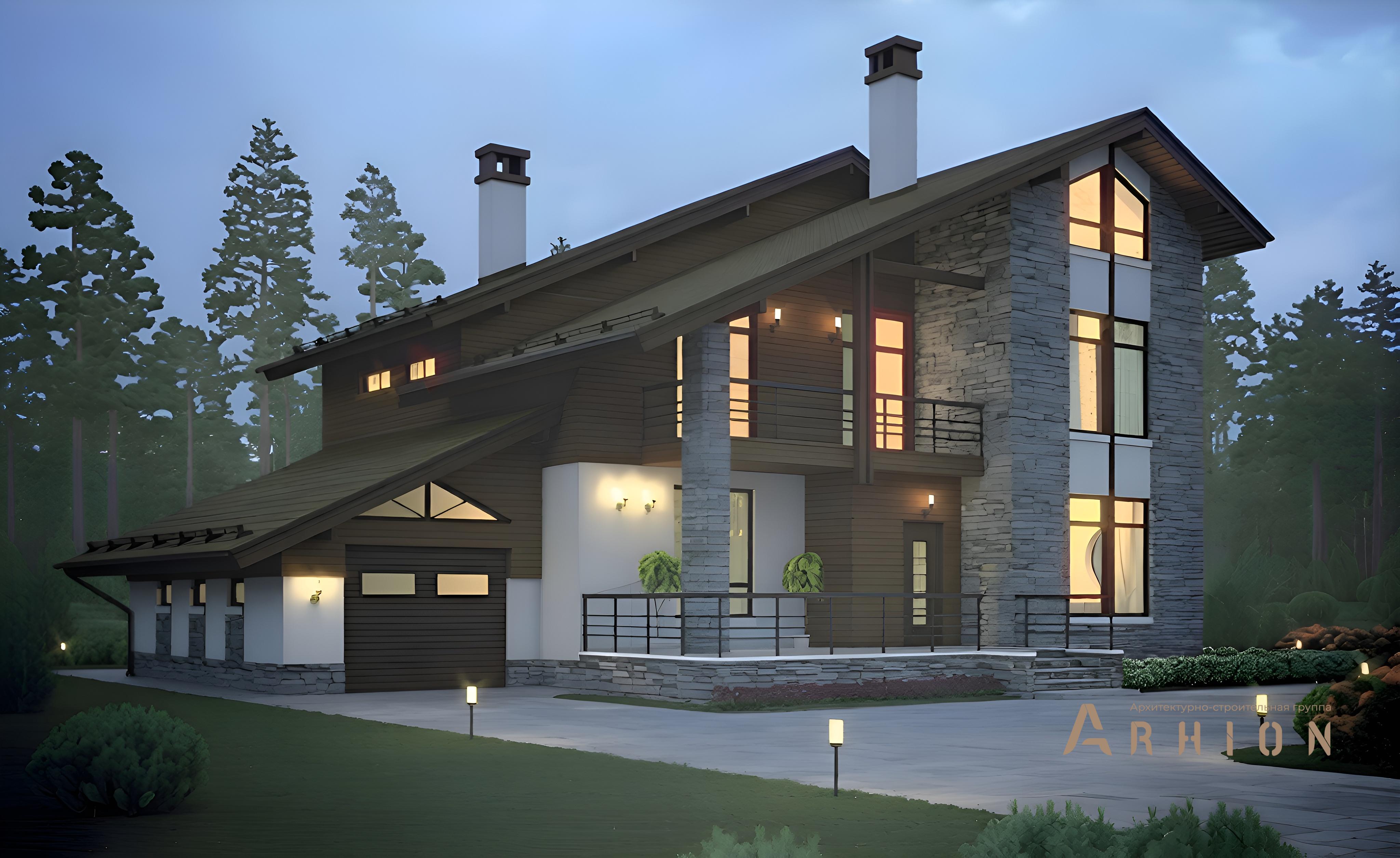 2. Проект двухэтажного дома в альпийском стиле с двускатной кровлей, 55-80, площадью - 215 кв c мансардой, терассой, балконом, гаражом