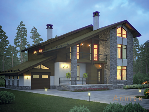 1. Проект двухэтажного дома в альпийском стиле с двускатной кровлей, 55-80, площадью - 215 кв c мансардой, терассой, балконом, гаражом
