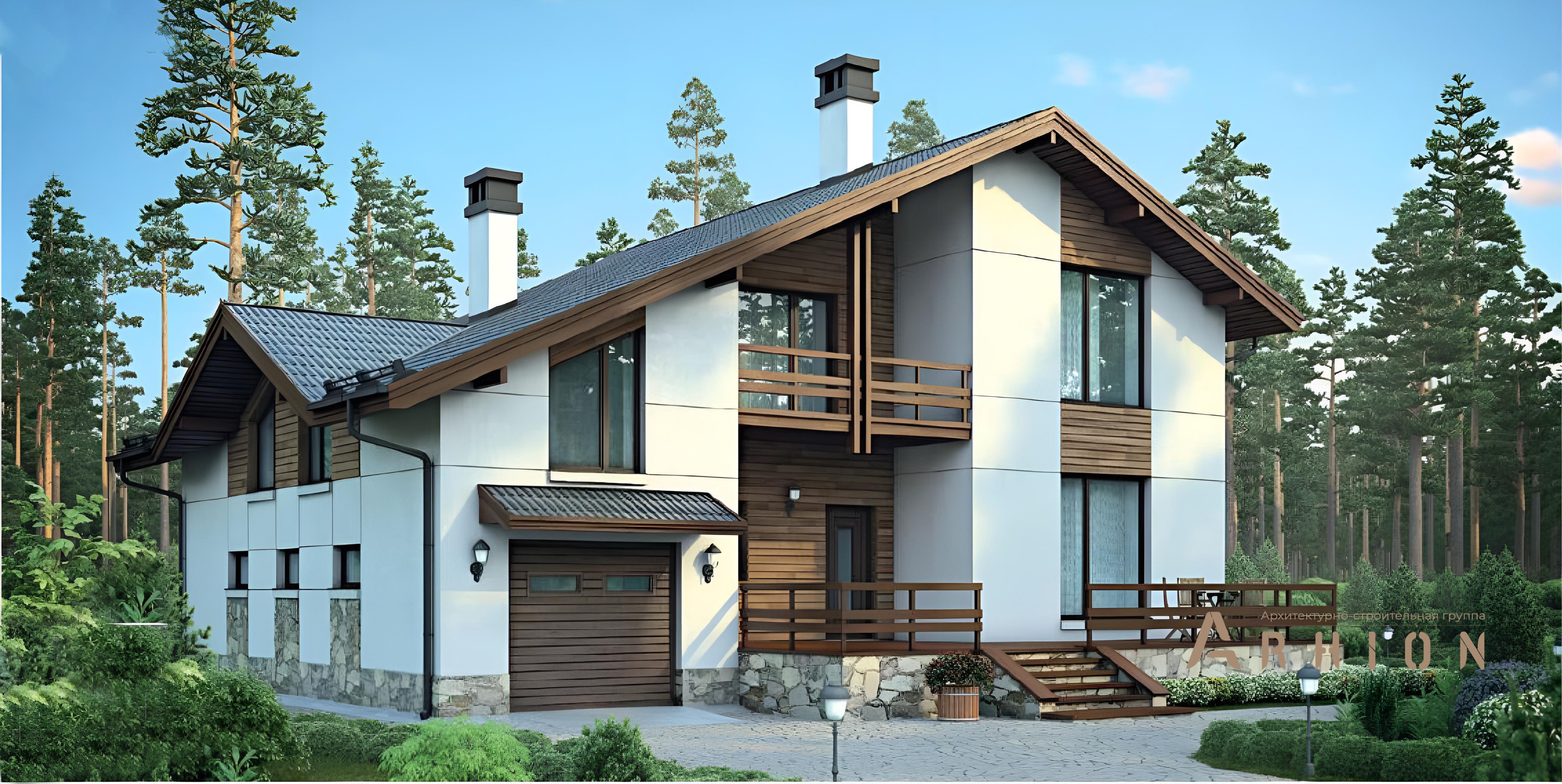 1. Проект одноэтажного дома в английском стиле с двускатной кровлей, 55-83, площадью - 221 кв c мансардой