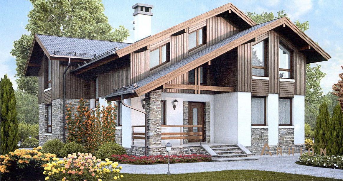 1. Проект одноэтажного дома в альпийском стиле с двускатной кровлей, 55-85, площадью - 176 кв c мансардой, терассой