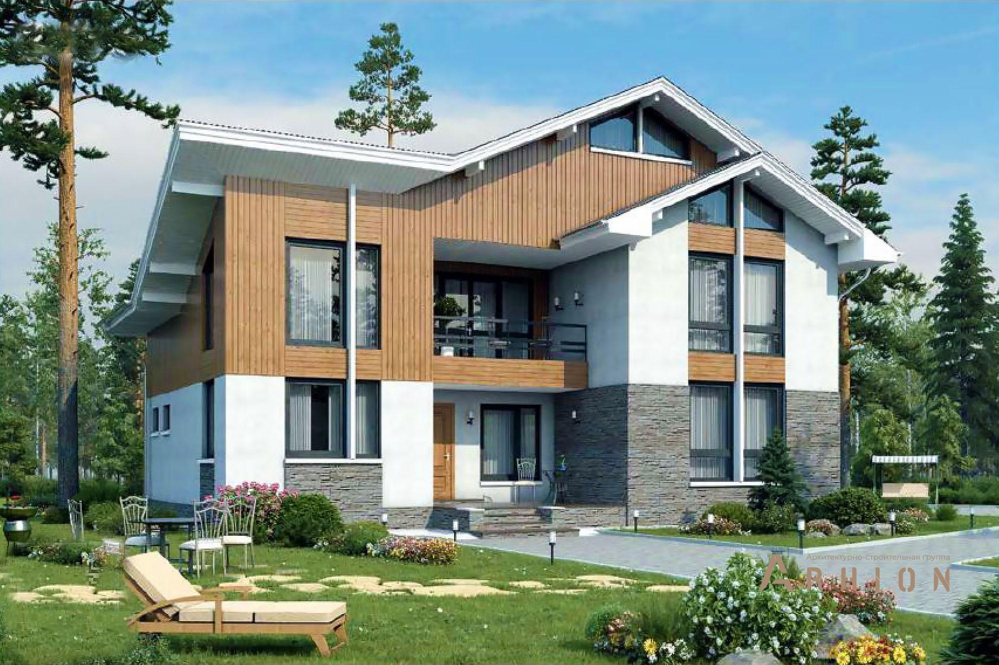 2. Проект одноэтажного дома в современном стиле с многоскатной кровлей, 56-26, площадью - 192 кв c мансардой, терассой, балконом, вторым светом