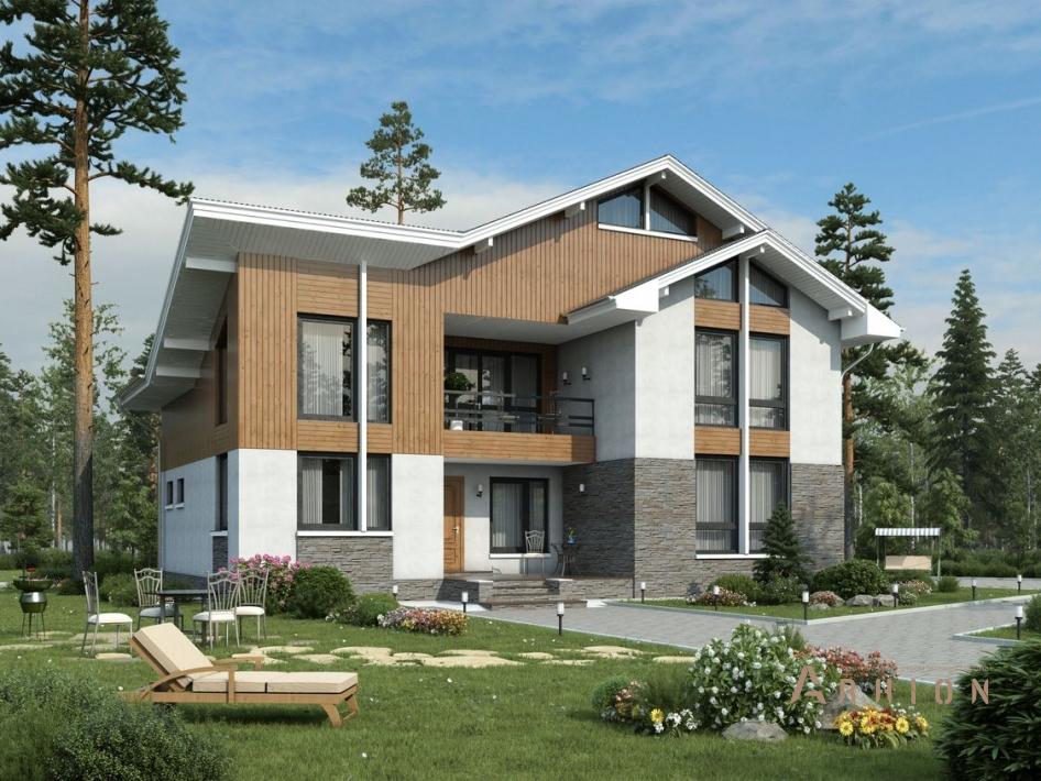 1. Проект одноэтажного дома в современном стиле с многоскатной кровлей, 56-26, площадью - 192 кв c мансардой, терассой, балконом, вторым светом