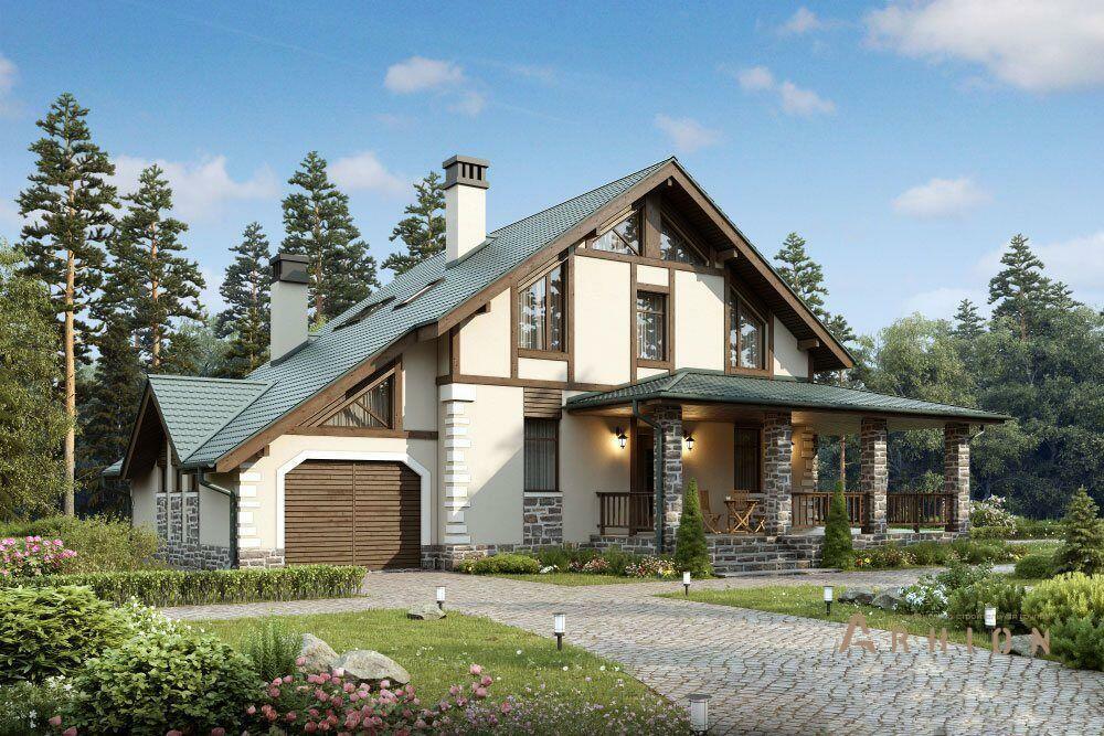 2. Проект одноэтажного дома в канадском стиле с двускатной кровлей, 56-29, площадью - 187 кв c мансардой, терассой, гаражом