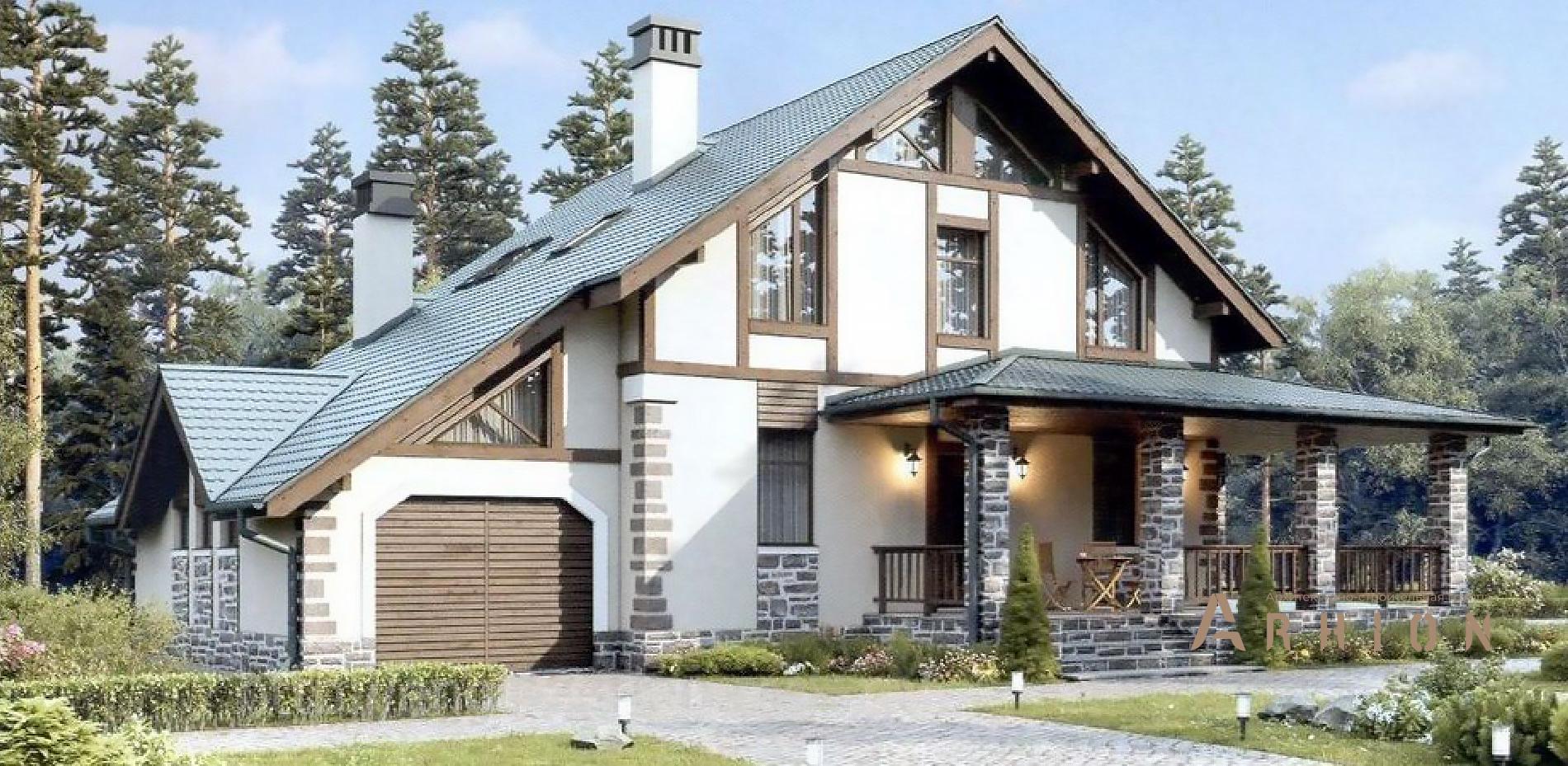 1. Проект одноэтажного дома в канадском стиле с двускатной кровлей, 56-29, площадью - 187 кв c мансардой, терассой, гаражом