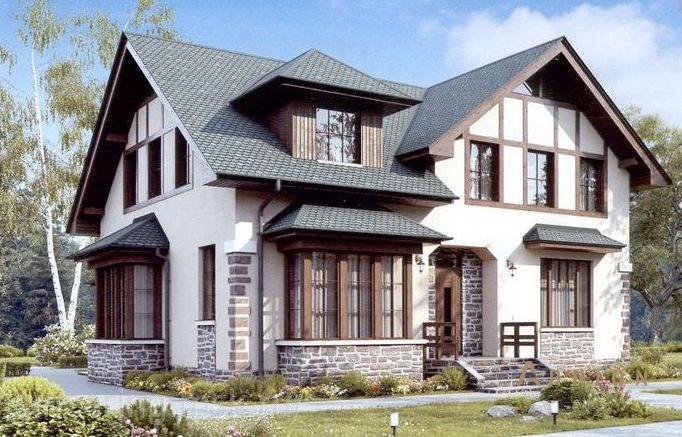 1. Проект одноэтажного дома в европейском стиле с многоскатной кровлей, 56-40, площадью - 184 кв c мансардой, терассой, эркером