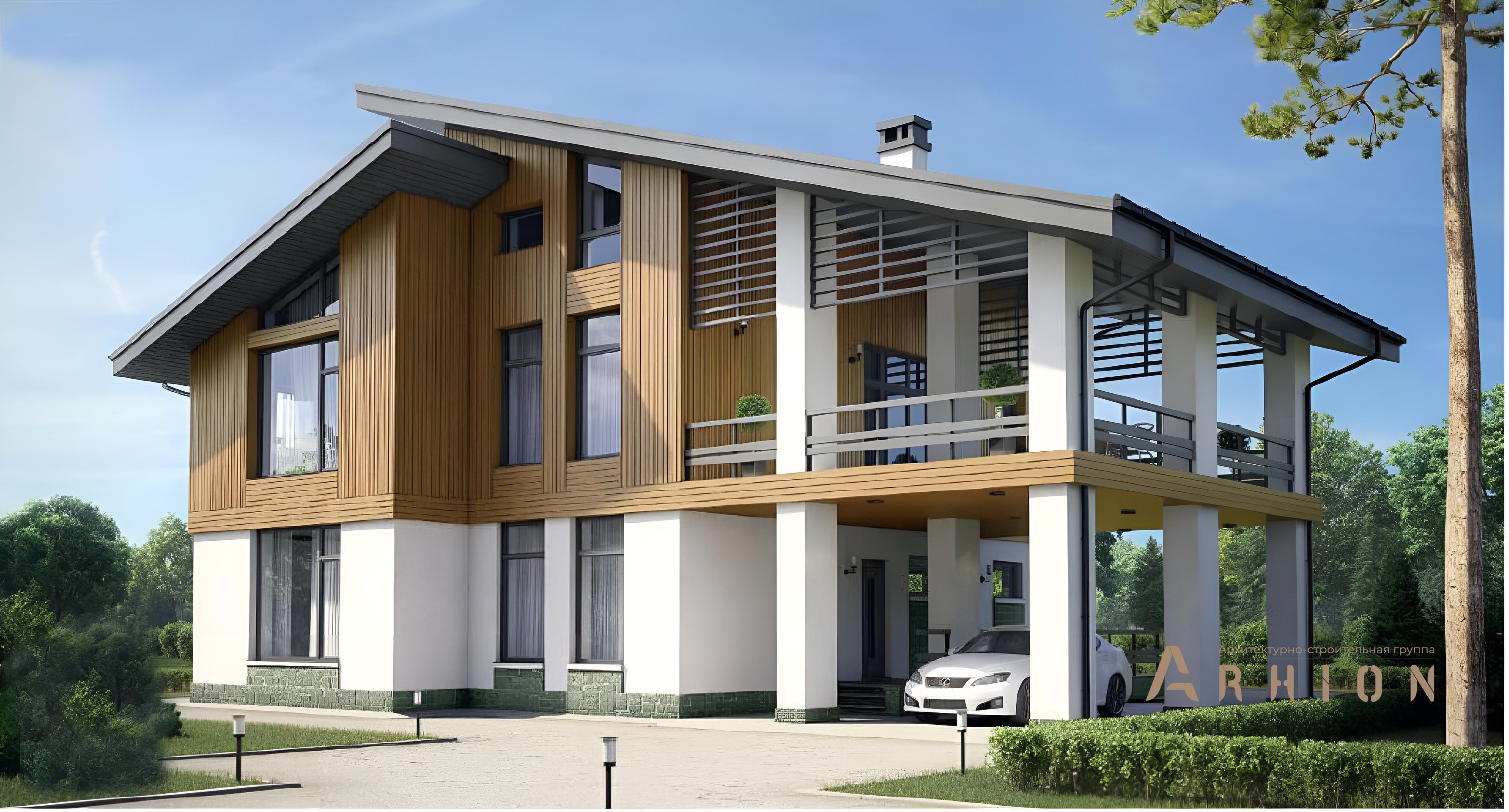 1. Проект двухэтажного дома в альпийском стиле с односкатной кровлей, 56-68, площадью - 218 кв c терассой, балконом, гаражом