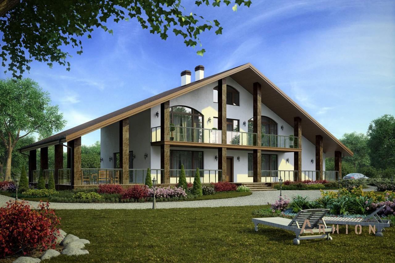 1. Проект двухэтажного дома в стиле шале с двускатной кровлей, 56-73, площадью - 279 кв c сауной, терассой, гаражом