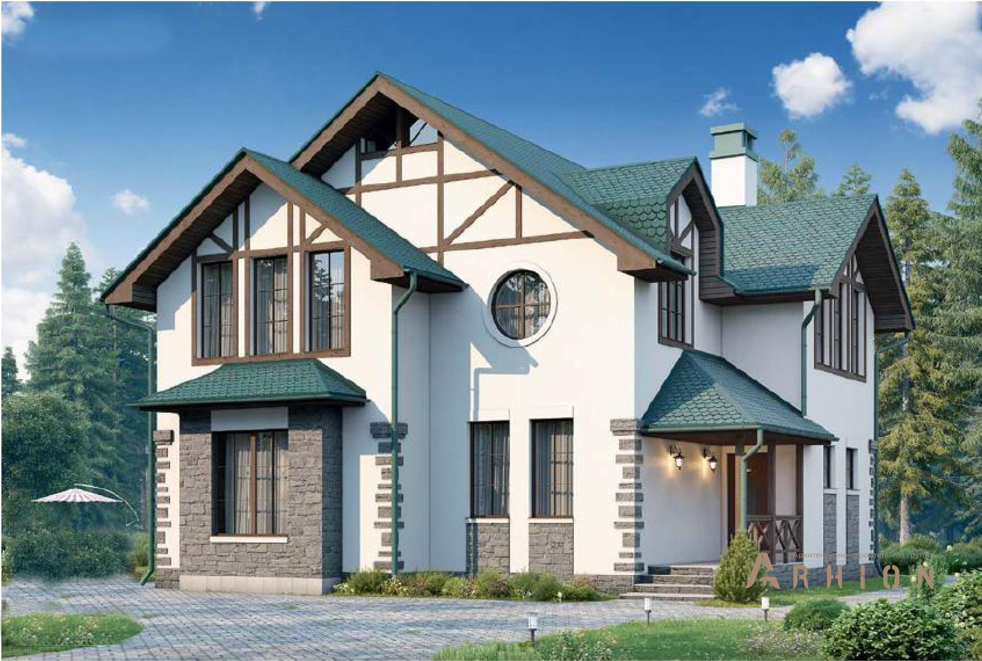 1. Проект одноэтажного дома в немецком стиле с многоскатной кровлей, 56-81, площадью - 152 кв c мансардой, эркером