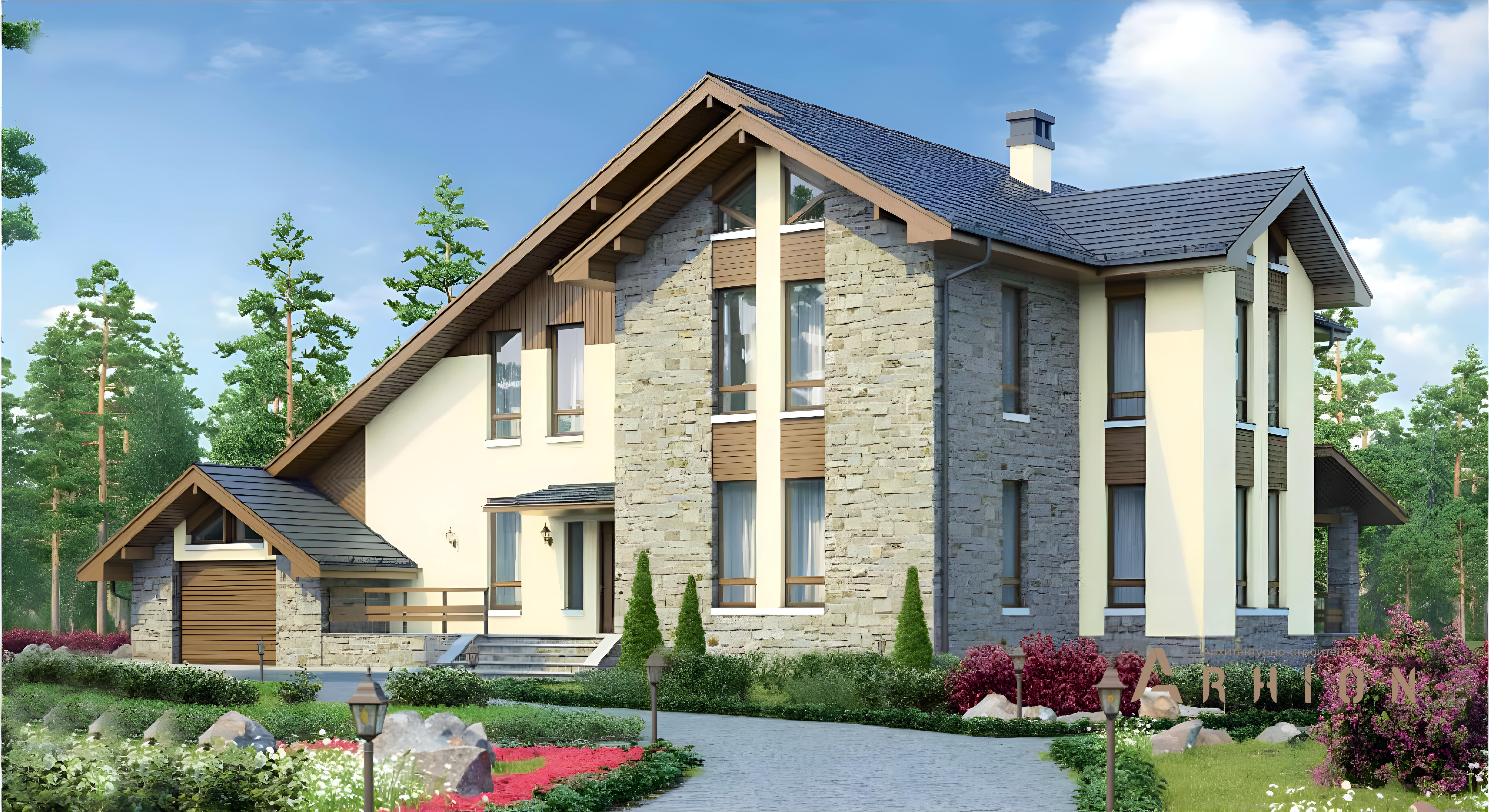 1. Проект в альпийском стиле с двускатной кровлей, 56-82, площадью - 352 кв c терассой, гаражом