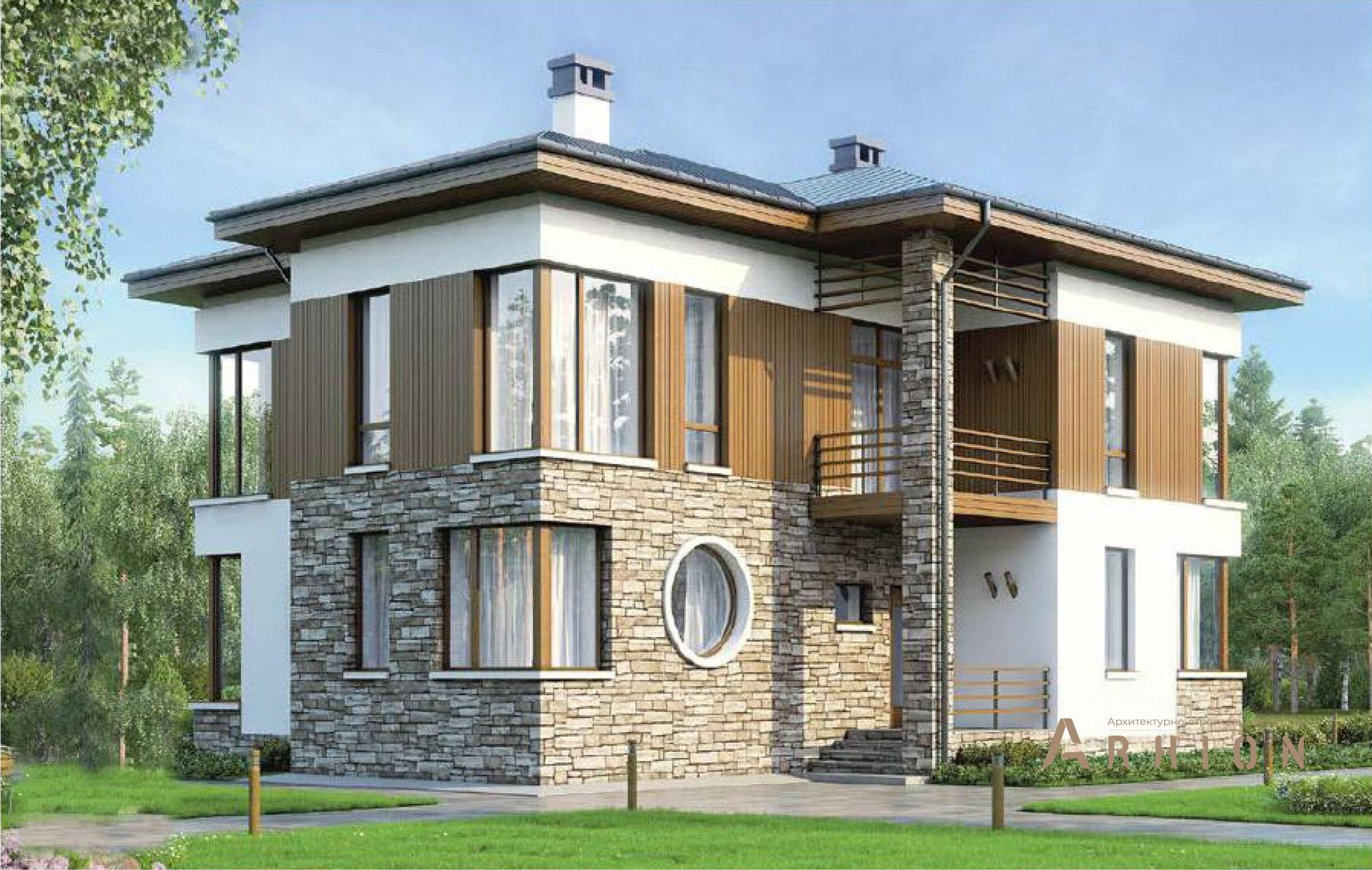 1. Проект двухэтажного дома в современном стиле с четырехскатной, 57-01, площадью - 189 кв c терассой, балконом