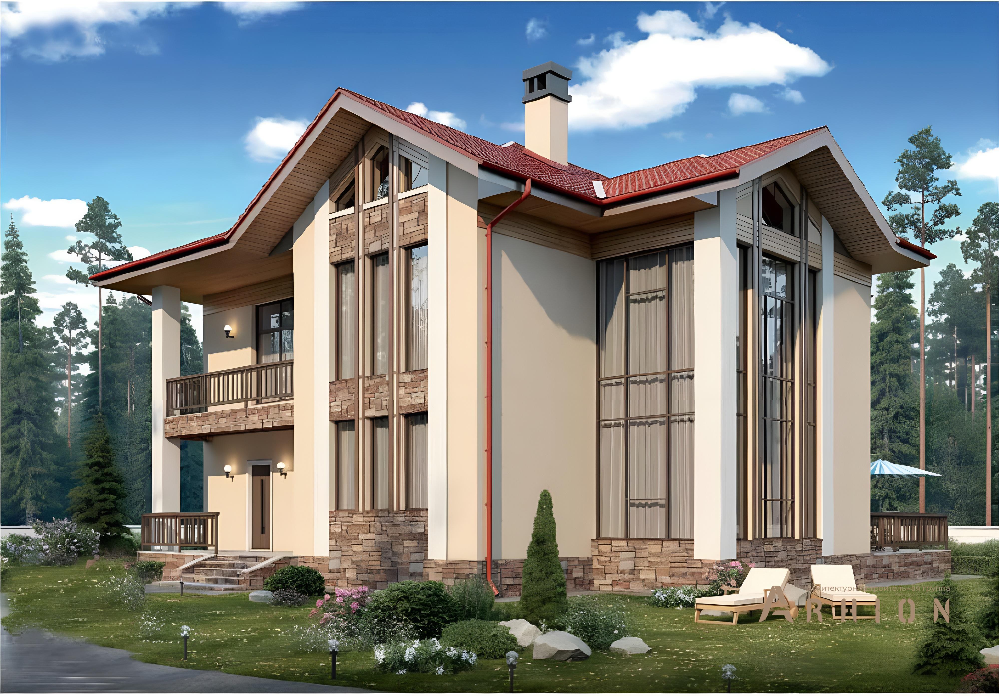 1. Проект двухэтажного дома в современном стиле с многоскатной кровлей, 57-40, площадью - 246 кв c терассой, балконом, вторым светом