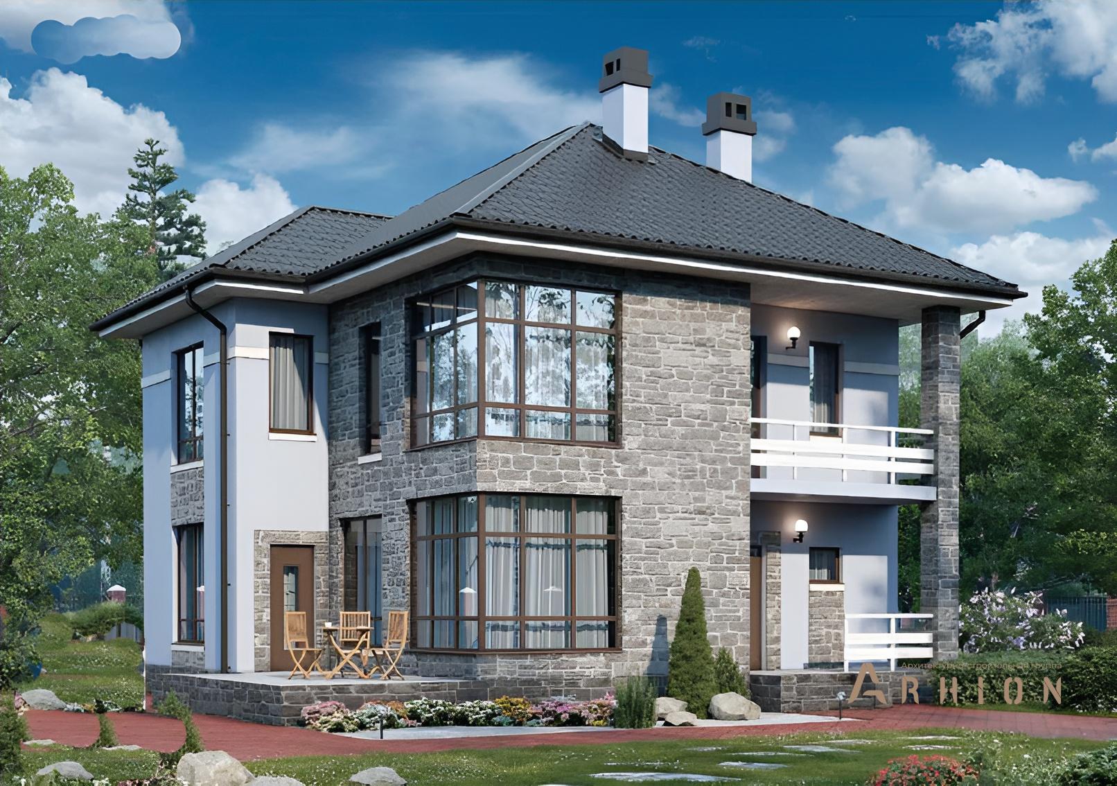 1. Проект двухэтажного дома в современном стиле с четырехскатной, 57-56, площадью - 169 кв c терассой, балконом