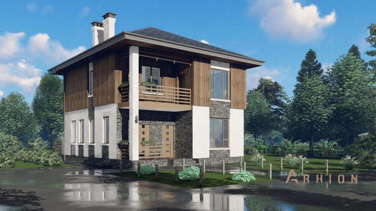 1. Проект двухэтажного дома в современном стиле с четырехскатной, 57-80, площадью - 134 кв c сауной, терассой, балконом