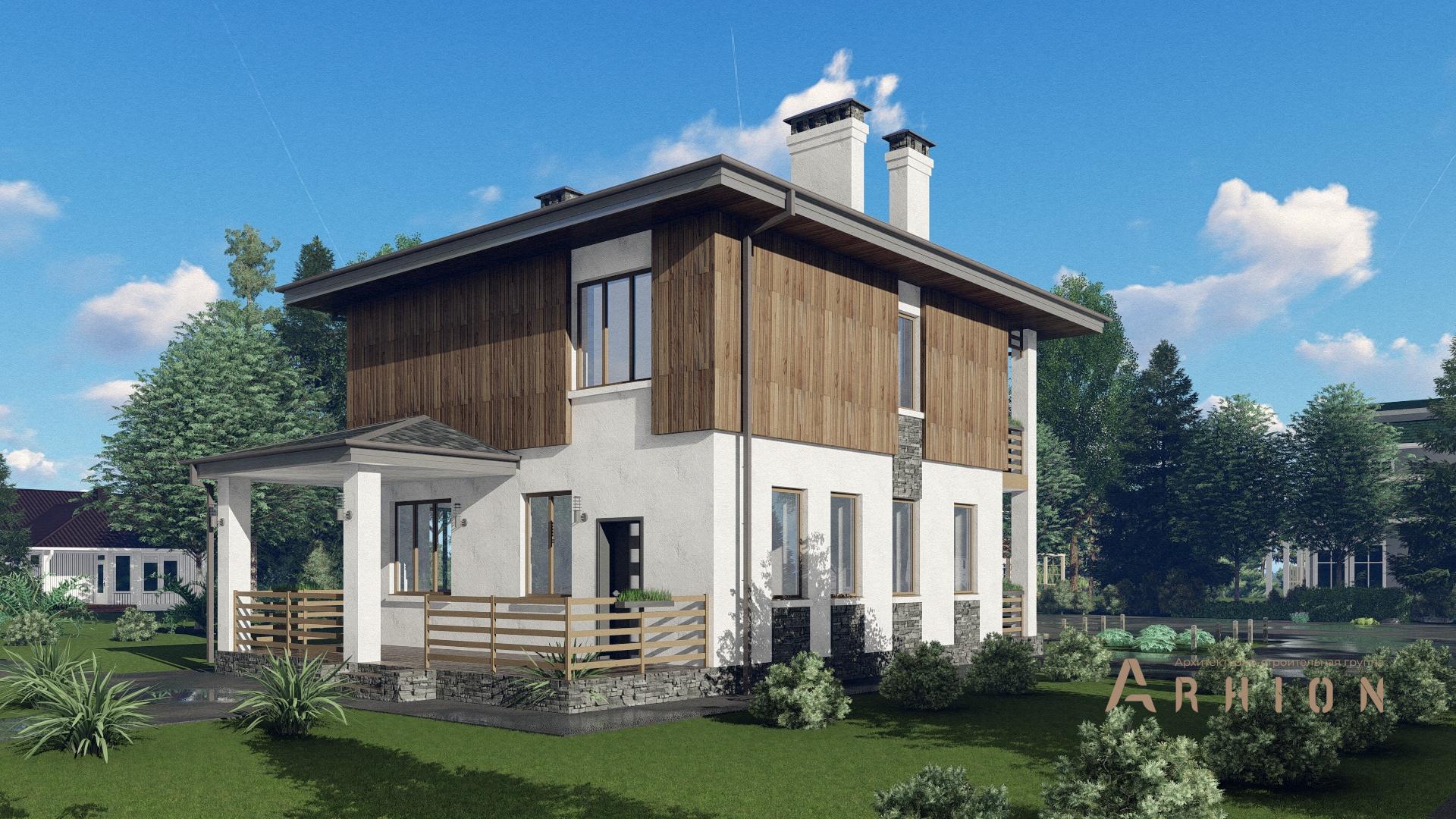 3. Проект двухэтажного дома в современном стиле с четырехскатной, 57-80, площадью - 134 кв c сауной, терассой, балконом