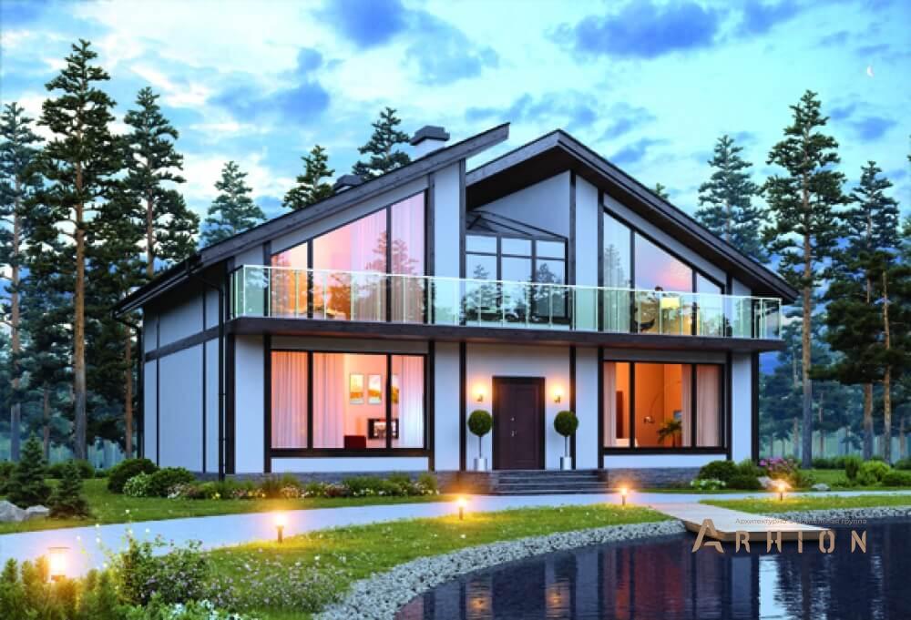 1. Проект одноэтажного дома в европейском стиле с односкатной кровлей, 58-01, площадью - 185 кв c мансардой, сауной, балконом