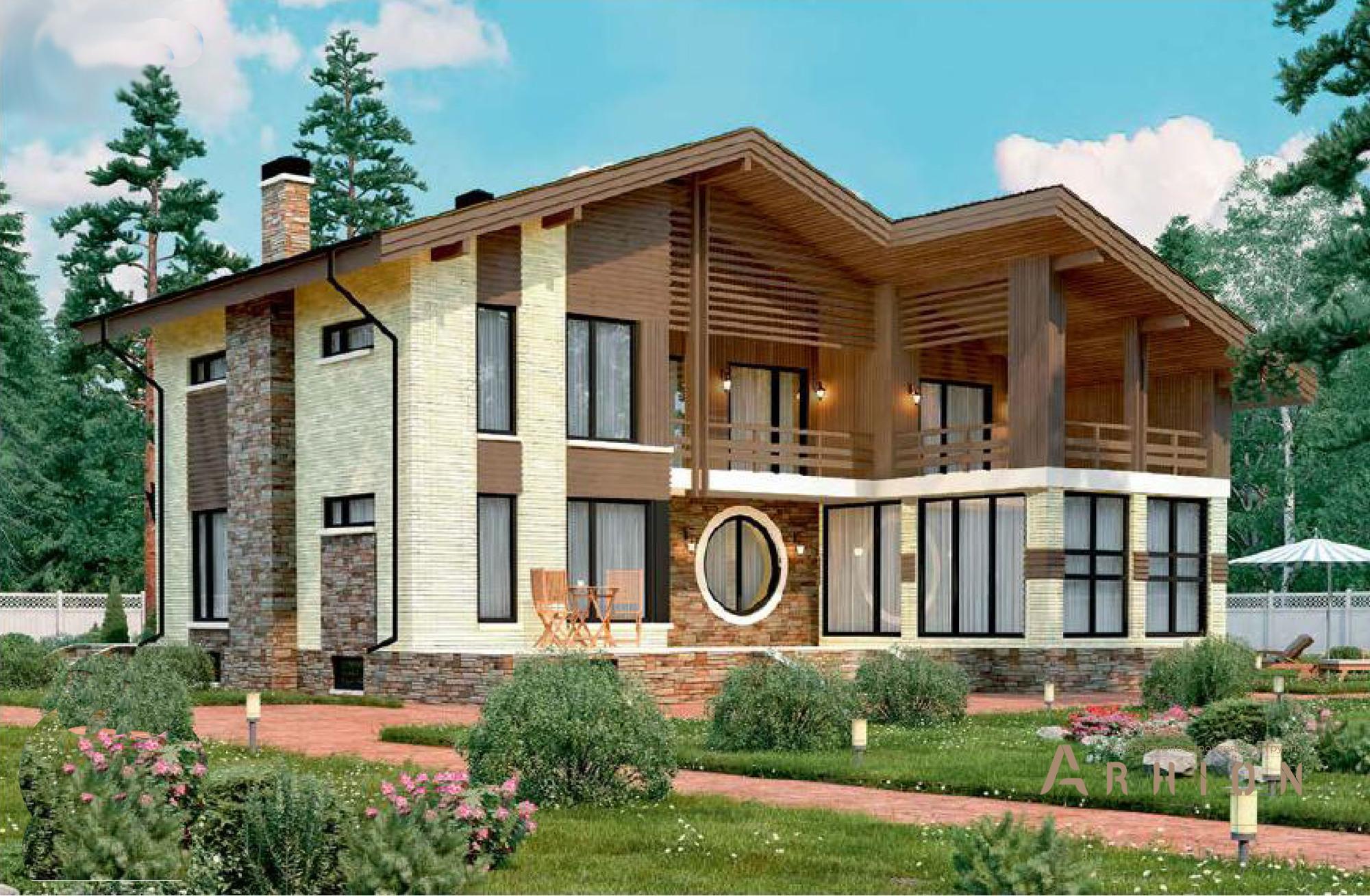 2. Проект двухэтажного дома в стиле шале с двускатной кровлей, 58-04, площадью - 503 кв c цокольным этажом, сауной, терассой, балконом, бассейном