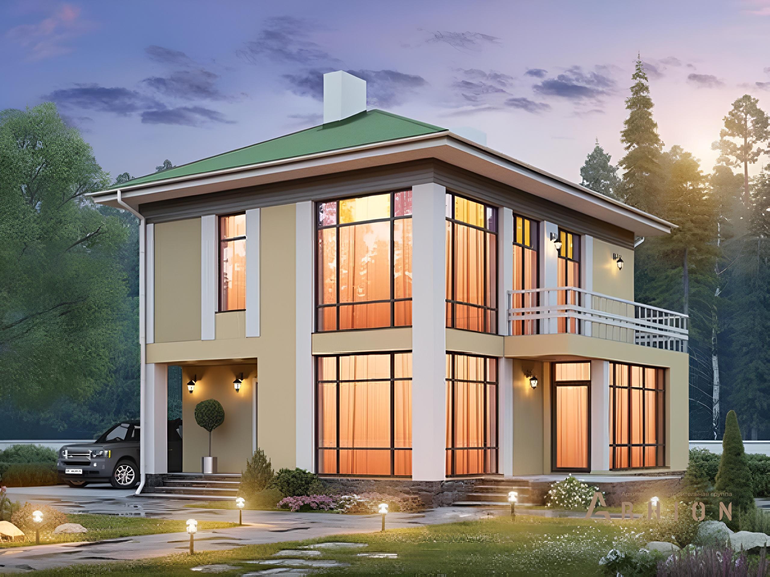 1. Проект двухэтажного дома в современном стиле с четырехскатной, 58-49, площадью - 179 кв c терассой, балконом