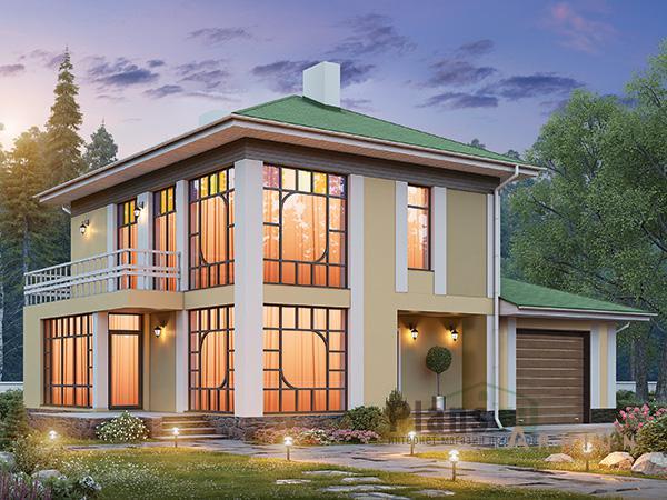 1. Проект двухэтажного дома в современном стиле с четырехскатной, 58-50, площадью - 147 кв c терассой, балконом, гаражом