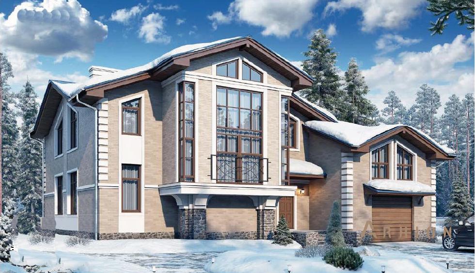 1. Проект двухэтажного дома в альпийском стиле с двускатной кровлей, 58-99, площадью - 379 кв c терассой, гаражом, бассейном, вторым светом