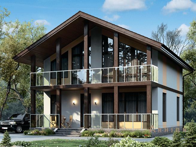 1. Проект одноэтажного дома в стиле шале с двускатной кровлей, 59-88, площадью - 154 кв c мансардой, терассой, балконом