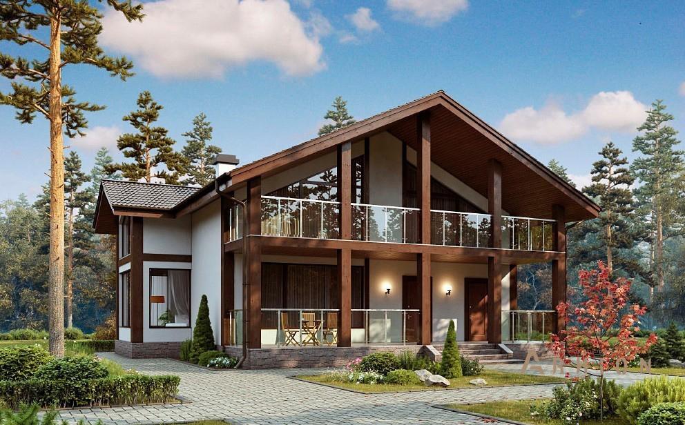 1. Проект одноэтажного дома в альпийском стиле с двускатной кровлей, 59-93, площадью - 169 кв c мансардой, терассой, эркером