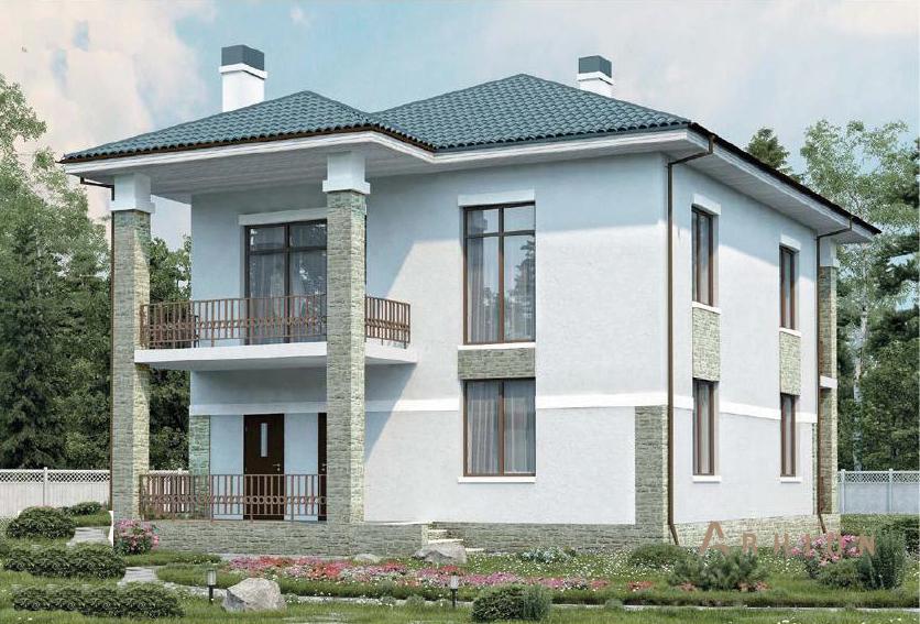 1. Проект двухэтажного дома в современном стиле с четырехскатной, 60-05, площадью - 180 кв c терассой, балконом