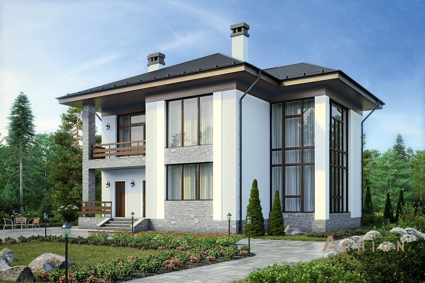 1. Проект двухэтажного дома в современном стиле с четырехскатной, 60-15, площадью - 186 кв c терассой, балконом, вторым светом