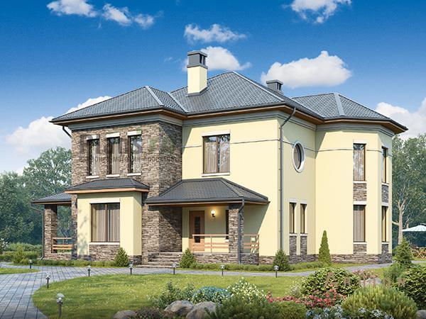 1. Проект двухэтажного дома в современном стиле с многоскатной кровлей, 60-18, площадью - 229 кв c терассой, эркером