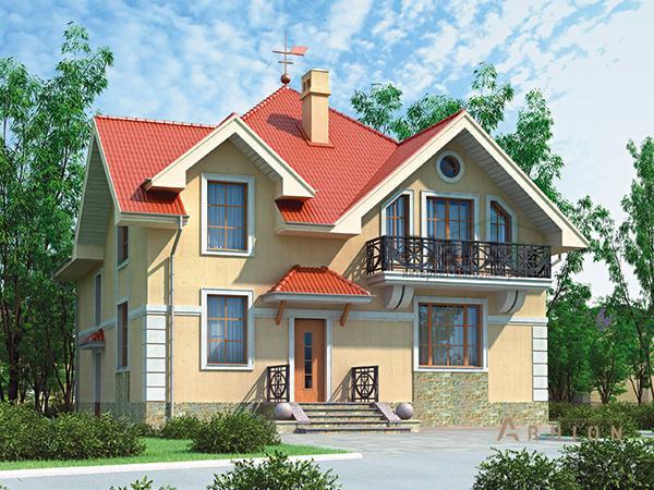 1. Проект одноэтажного дома в английском стиле с многоскатной кровлей, 60-32, площадью - 174 кв c мансардой, балконом