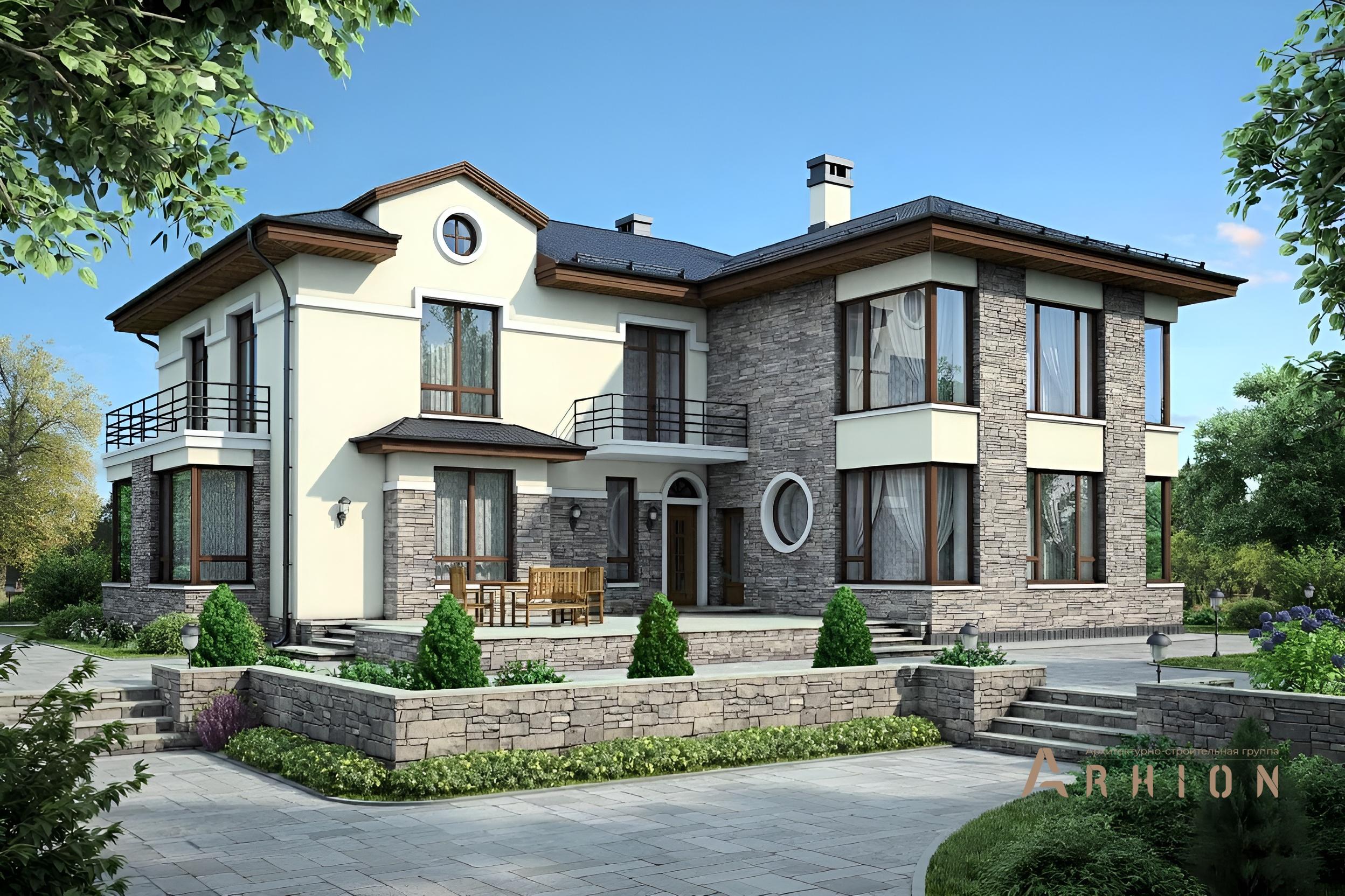 1. Проект двухэтажного дома в современном стиле с четырехскатной, 60-80, площадью - 301 кв c терассой, балконом, вторым светом