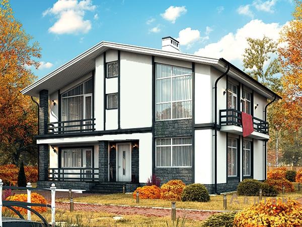 1. Проект двухэтажного дома в стиле шале с двускатной кровлей, 60-94, площадью - 172 кв c балконом, гаражом