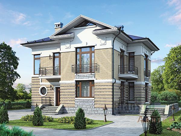 1. Проект двухэтажного дома в современном классическом стиле с четырехскатной, 61-27, площадью - 188 кв c сауной, терассой, балконом, эркером