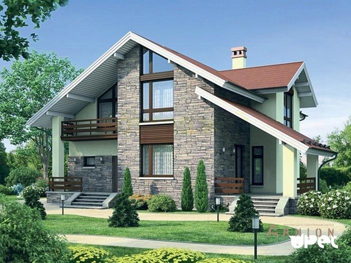 1. Проект одноэтажного дома в европейском стиле с двускатной кровлей, 61-30, площадью - 190 кв c мансардой, сауной, терассой