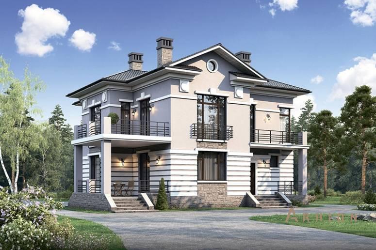 1. Проект двухэтажного дома в современном классическом стиле с многоскатной кровлей, 61-32, площадью - 189 кв c терассой, балконом