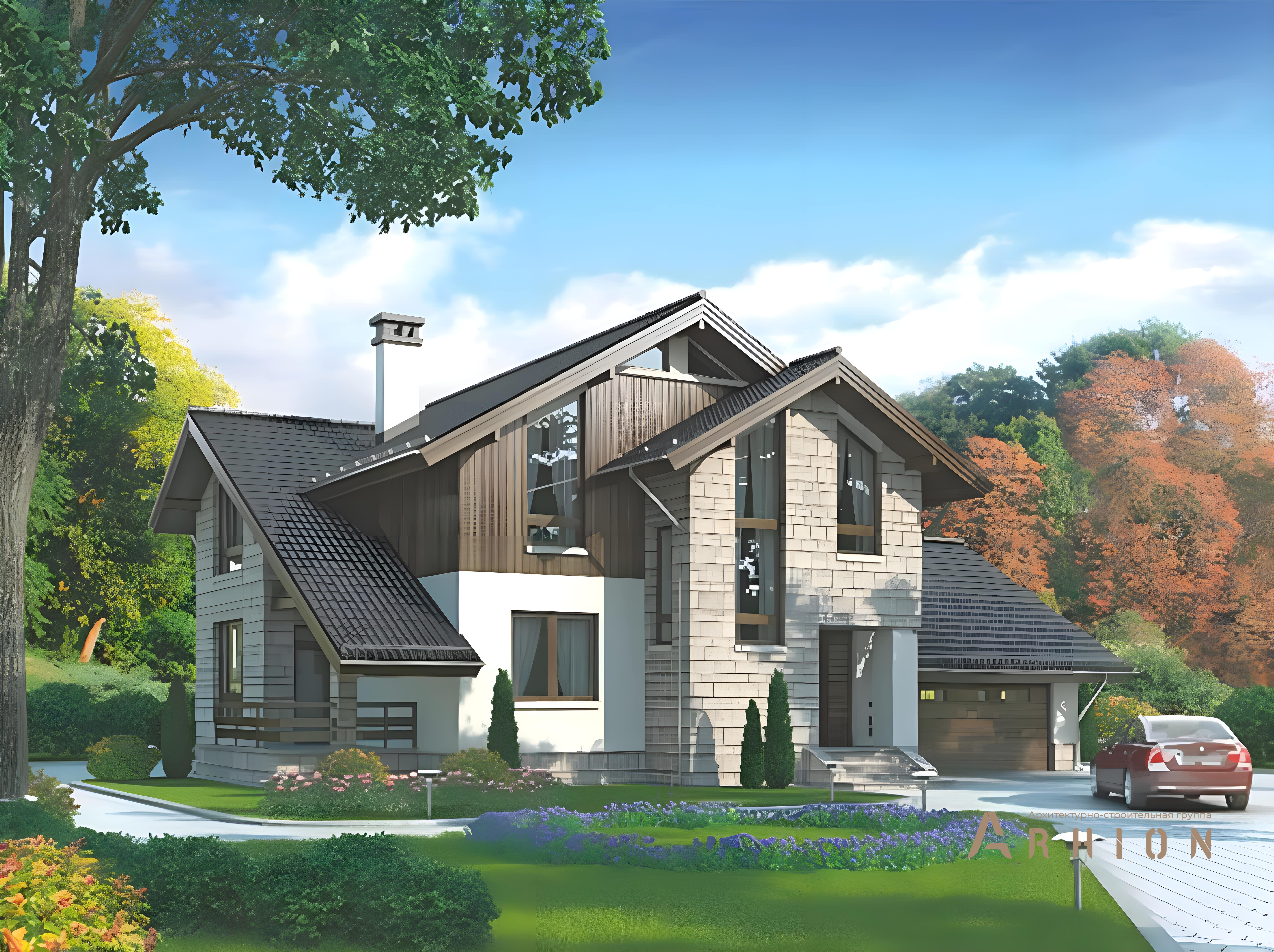 1. Проект двухэтажного дома в альпийском стиле с плоской кровлей , 61-53, площадью - 247 кв c терассой, гаражом