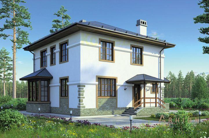 1. Проект двухэтажного дома в современном стиле с четырехскатной, 61-54, площадью - 180 кв c гаражом, эркером