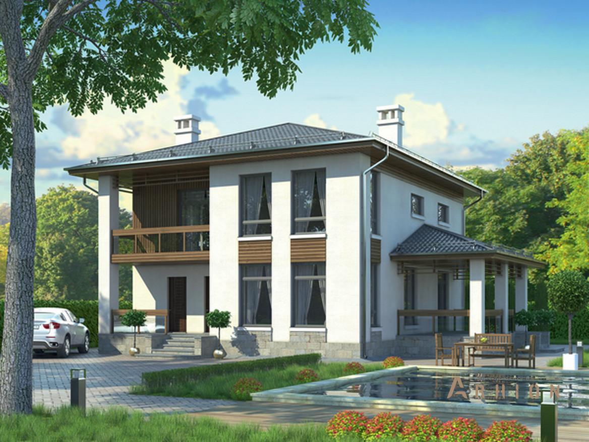 1. Проект двухэтажного дома в современном стиле с четырехскатной, 61-65, площадью - 189 кв c терассой, балконом, гаражом