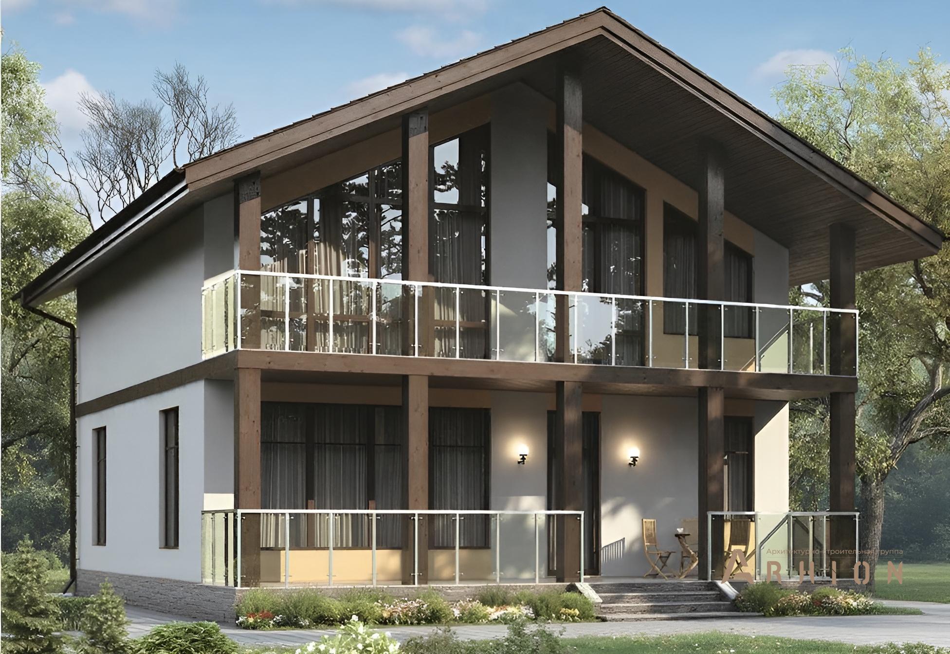 1. Проект одноэтажного дома в альпийском стиле с двускатной кровлей, 61-68, площадью - 134 кв c мансардой, терассой, балконом