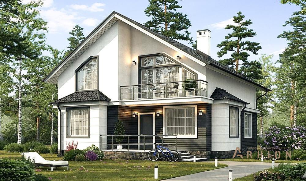 1. Проект одноэтажного дома в современном стиле с плоской кровлей , 61-86, площадью - 148 кв c мансардой, терассой, балконом, эркером