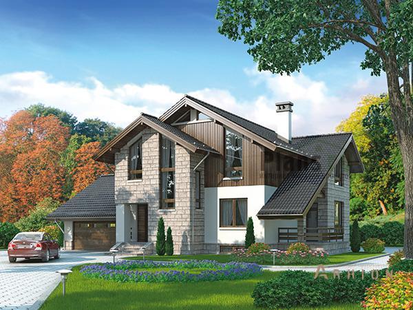 1. Проект одноэтажного дома в европейском стиле с многоскатной кровлей, 61-94, площадью - 356 кв c цокольным этажом, мансардой, терассой, гаражом, эркером, вторым светом