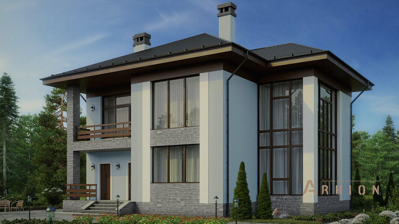 2. Проект двухэтажного дома в современном стиле с четырехскатной, 62-24, площадью - 213 кв c терассой, эркером, вторым светом