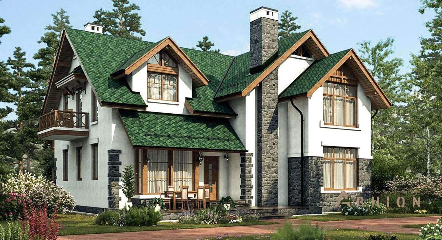 1. Проект одноэтажного дома в европейском стиле с многоскатной кровлей, 62-75, площадью - 211 кв c мансардой, терассой, балконом