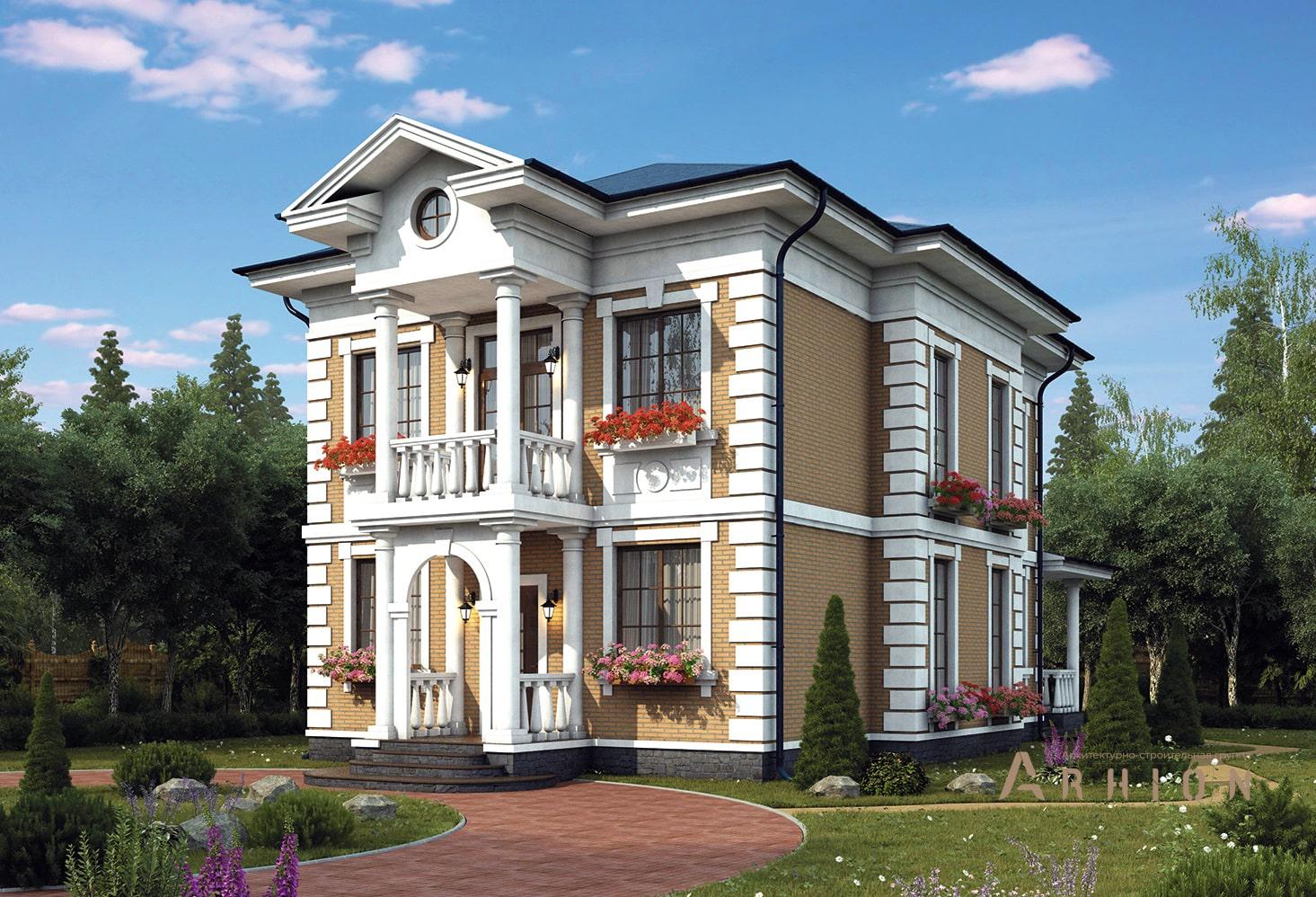 1. Проект двухэтажного дома в современном классическом стиле с четырехскатной, 63-13, площадью - 150 кв c терассой, балконом