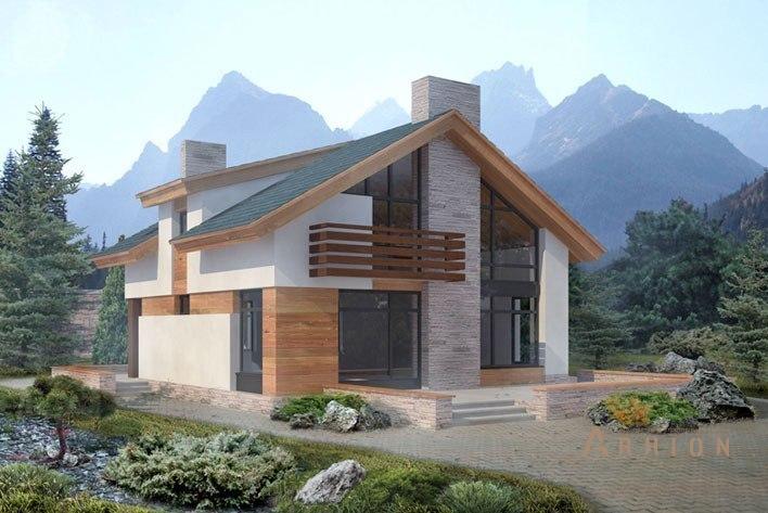 1. Проект одноэтажного дома в европейском стиле с двускатной кровлей, 70-47, площадью - 160 кв c мансардой, терассой, вторым светом