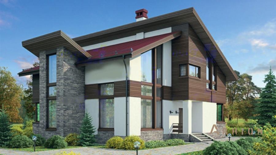 1. Проект одноэтажного дома в современном стиле с плоской кровлей , 72-25, площадью - 225 кв c мансардой, вторым светом