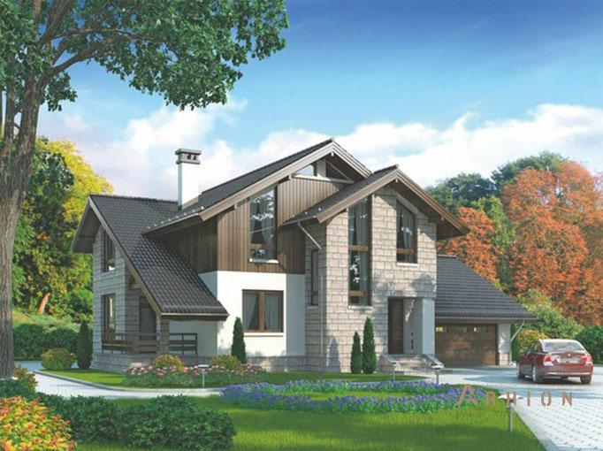 1. Проект одноэтажного дома в современном стиле с многоскатной кровлей, 72-36, площадью - 265 кв c мансардой, терассой, балконом, гаражом